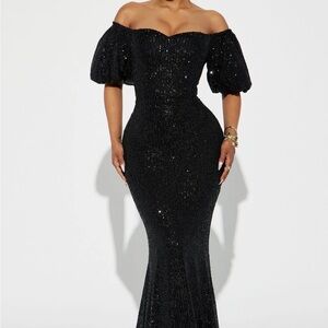 black Sequin puff sleeve gown Fashion Nova 2X